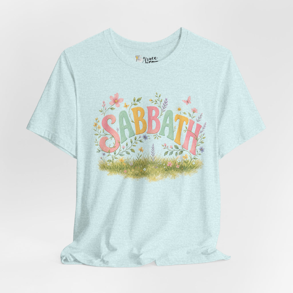 Sabbath Floral Script Tee | Pastel Flowers, Meadow Illustration