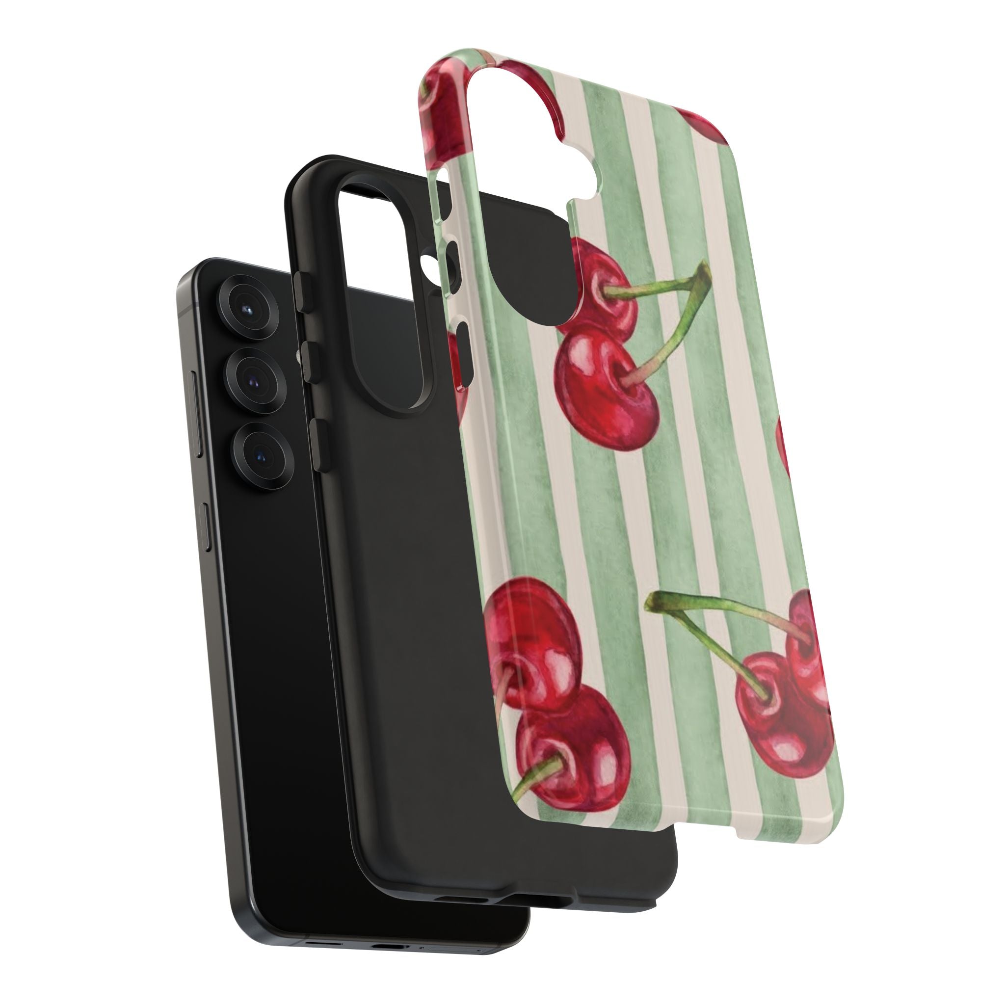 Cherry Stripe Phone Case – Retro Watercolor Cherries on Mint Stripes