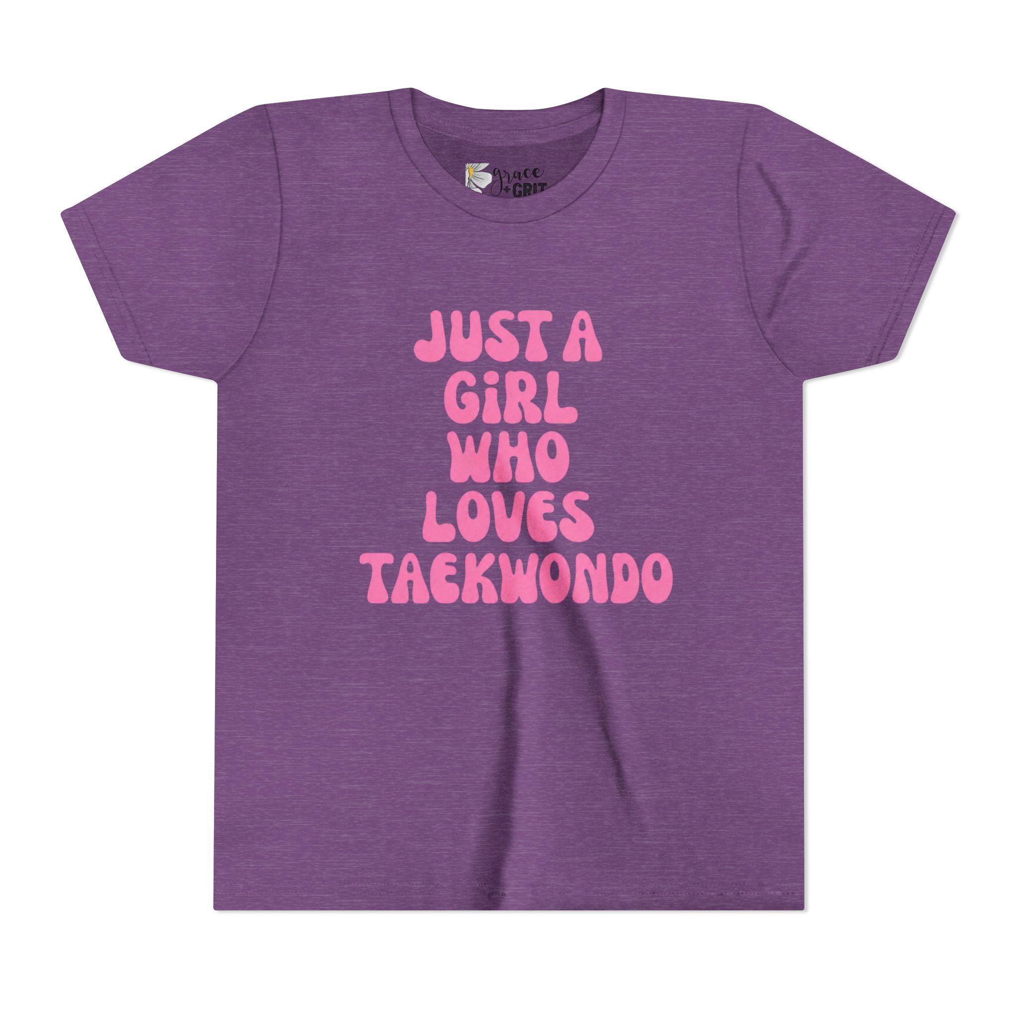 Just a Girl Who Loves Taekwondo Youth Tee | Pink Text Martial Arts Shirt