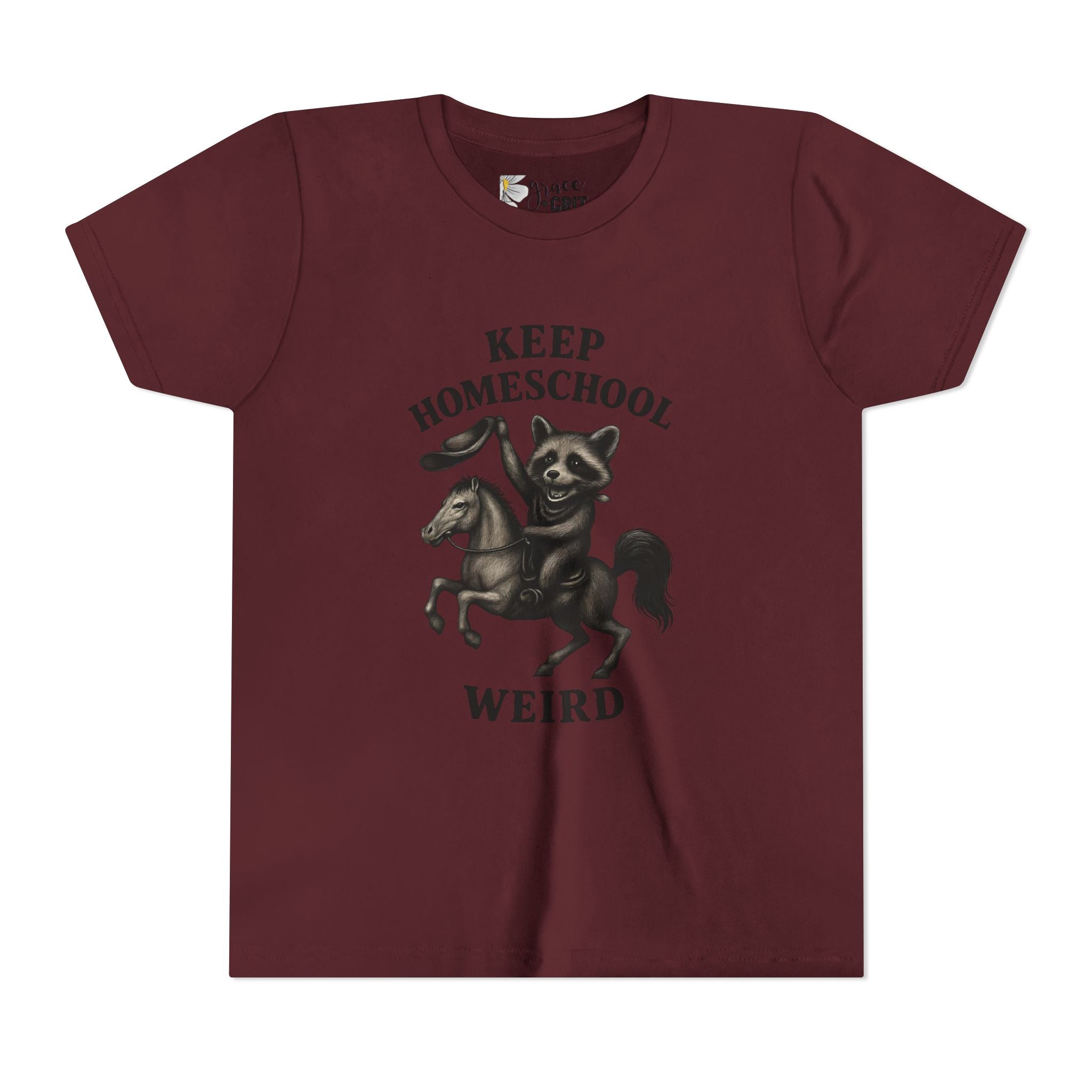 Keep Homeschool Weird Youth Tee | Raccoon Riding Horse Illustration