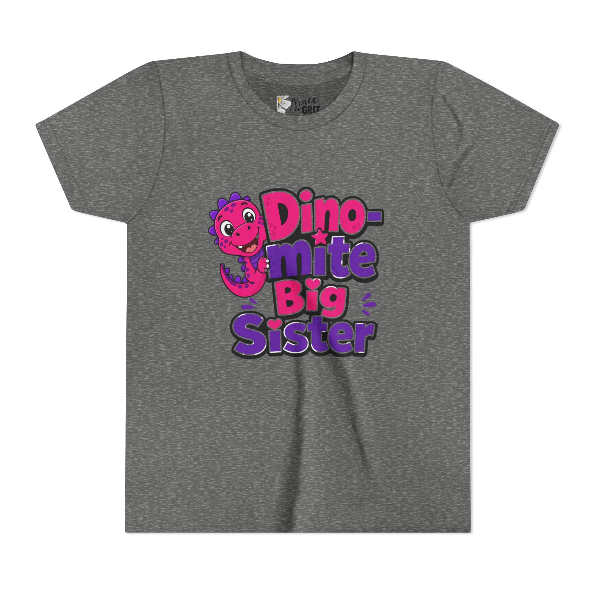 Dino-mite Big Sister Youth Tee — Cute Pink Dinosaur Big Sister Shirt