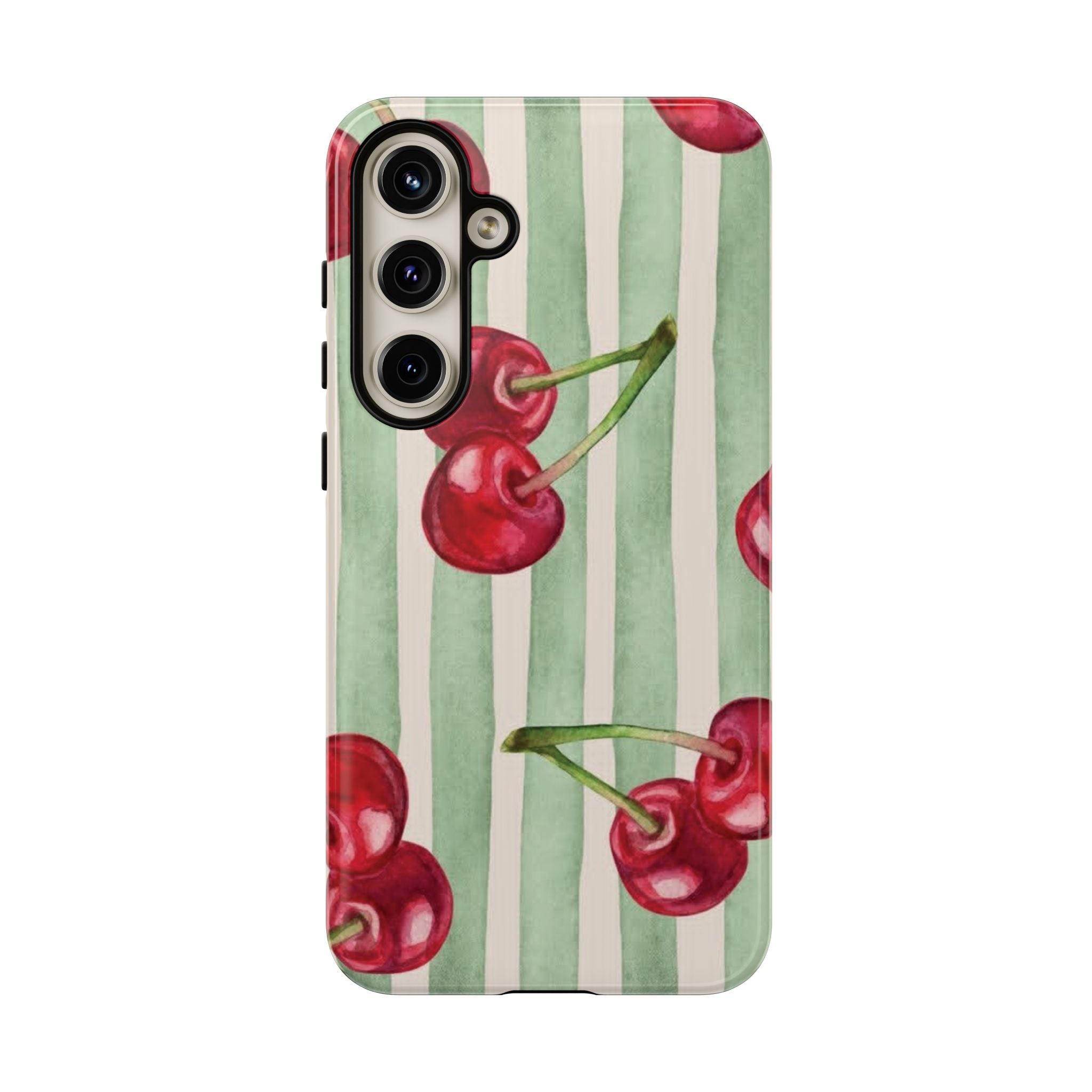Cherry Stripe Phone Case – Retro Watercolor Cherries on Mint Stripes