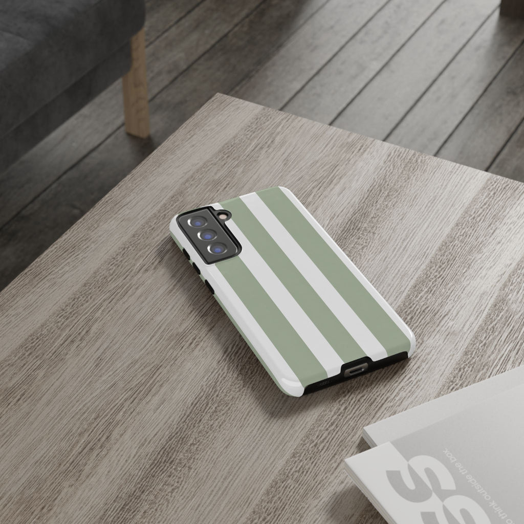 Striped Sage Tough Phone Case — Durable Green & White Vertical Stripe Phone Cover