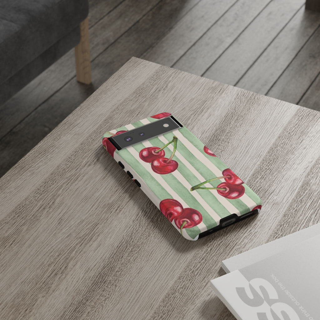 Cherry Stripe Phone Case – Retro Watercolor Cherries on Mint Stripes