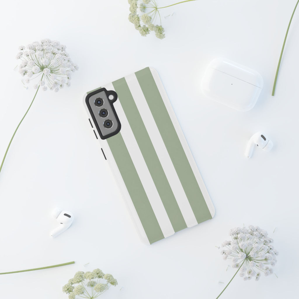 Striped Sage Tough Phone Case — Durable Green & White Vertical Stripe Phone Cover