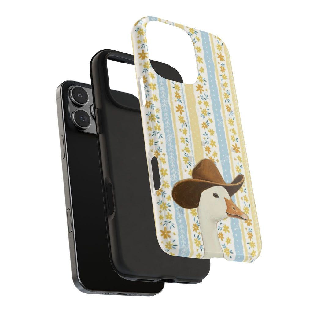Cowboy Goose Tough Phone Case — Cute Farm Animal iPhone Case with Floral Stripes