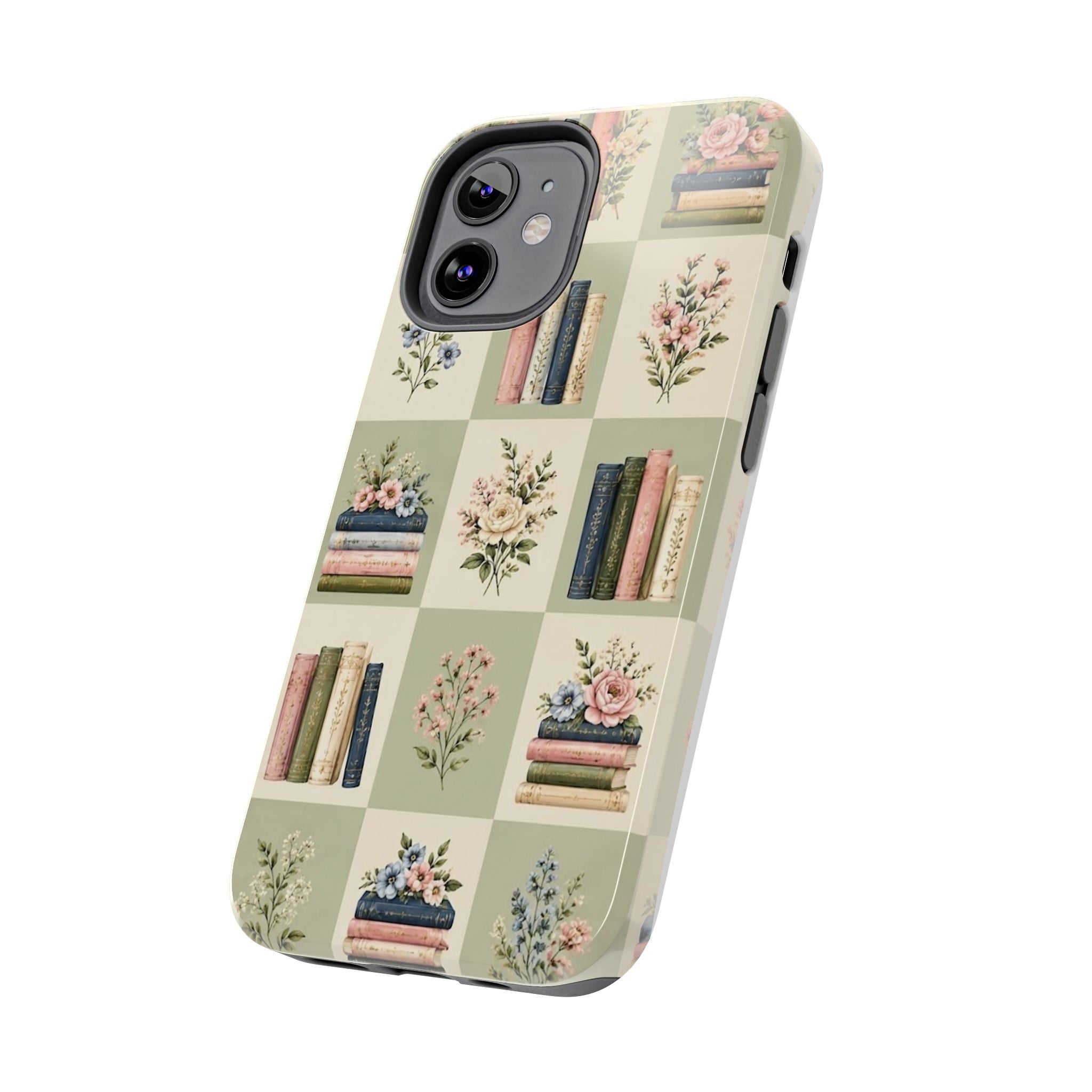 Floral Bookshelf Tough Phone Case — Vintage Floral & Stacked Books Pattern