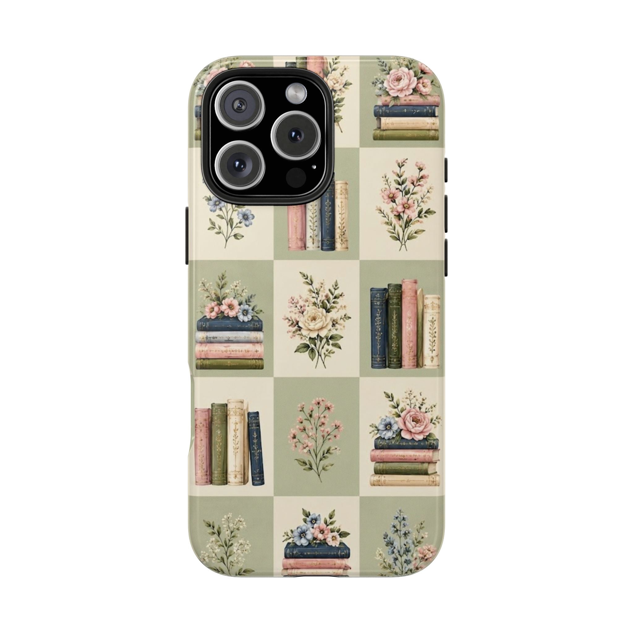 Floral Bookshelf Tough Phone Case — Vintage Floral & Stacked Books Pattern