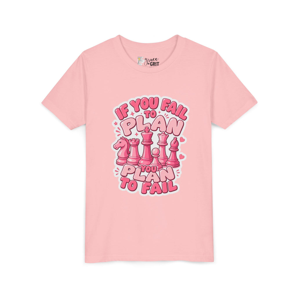 Youth Chess T‑Shirt — "If You Fail to Plan You Plan to Fail" Pink Chess Pieces Tee
