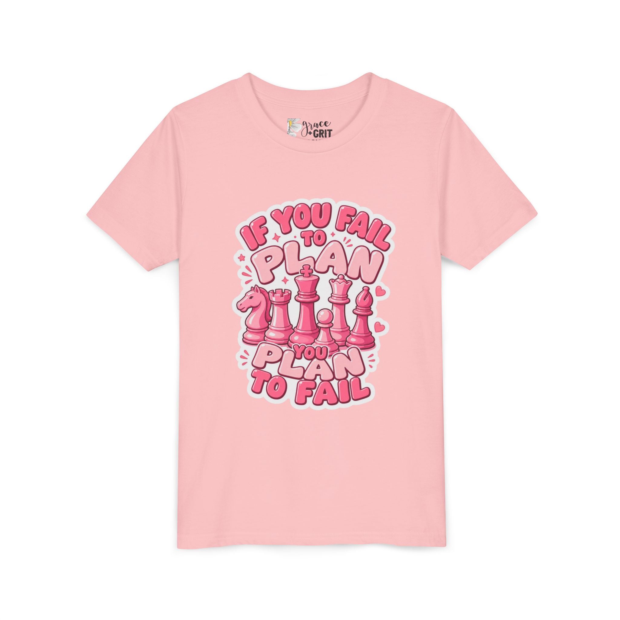 Youth Chess T‑Shirt — "If You Fail to Plan You Plan to Fail" Pink Chess Pieces Tee