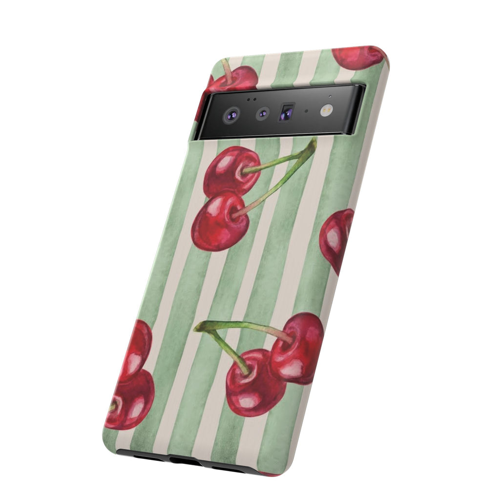 Cherry Stripe Phone Case – Retro Watercolor Cherries on Mint Stripes