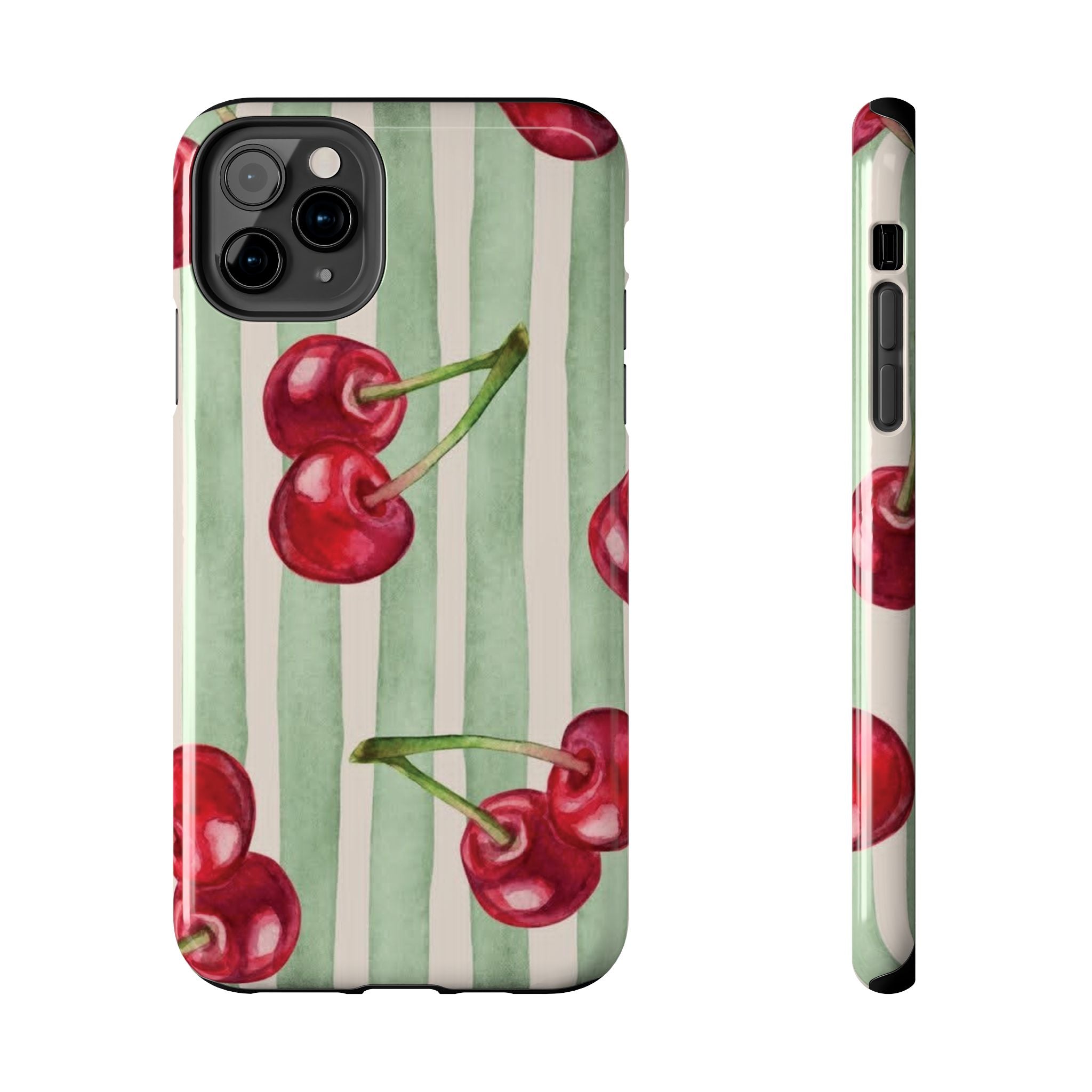 Cherry Stripe Tough Phone Case — Retro Watercolor Cherry Pattern Durable Phone Case