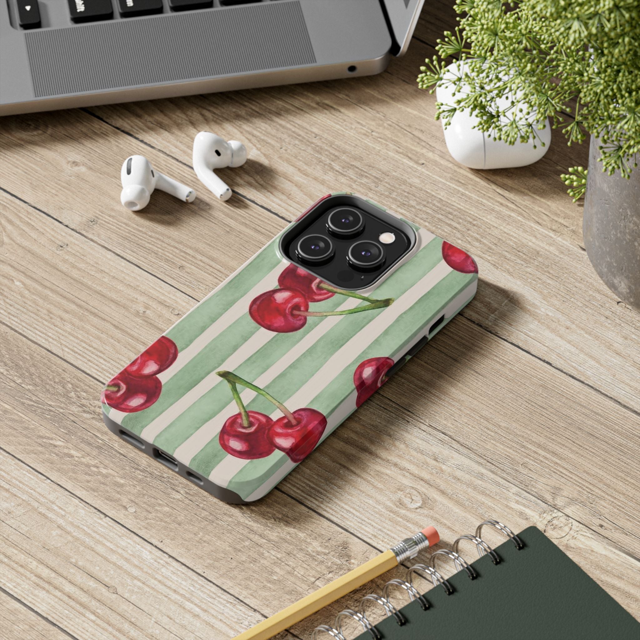 Cherry Stripe Tough Phone Case — Retro Watercolor Cherry Pattern Durable Phone Case