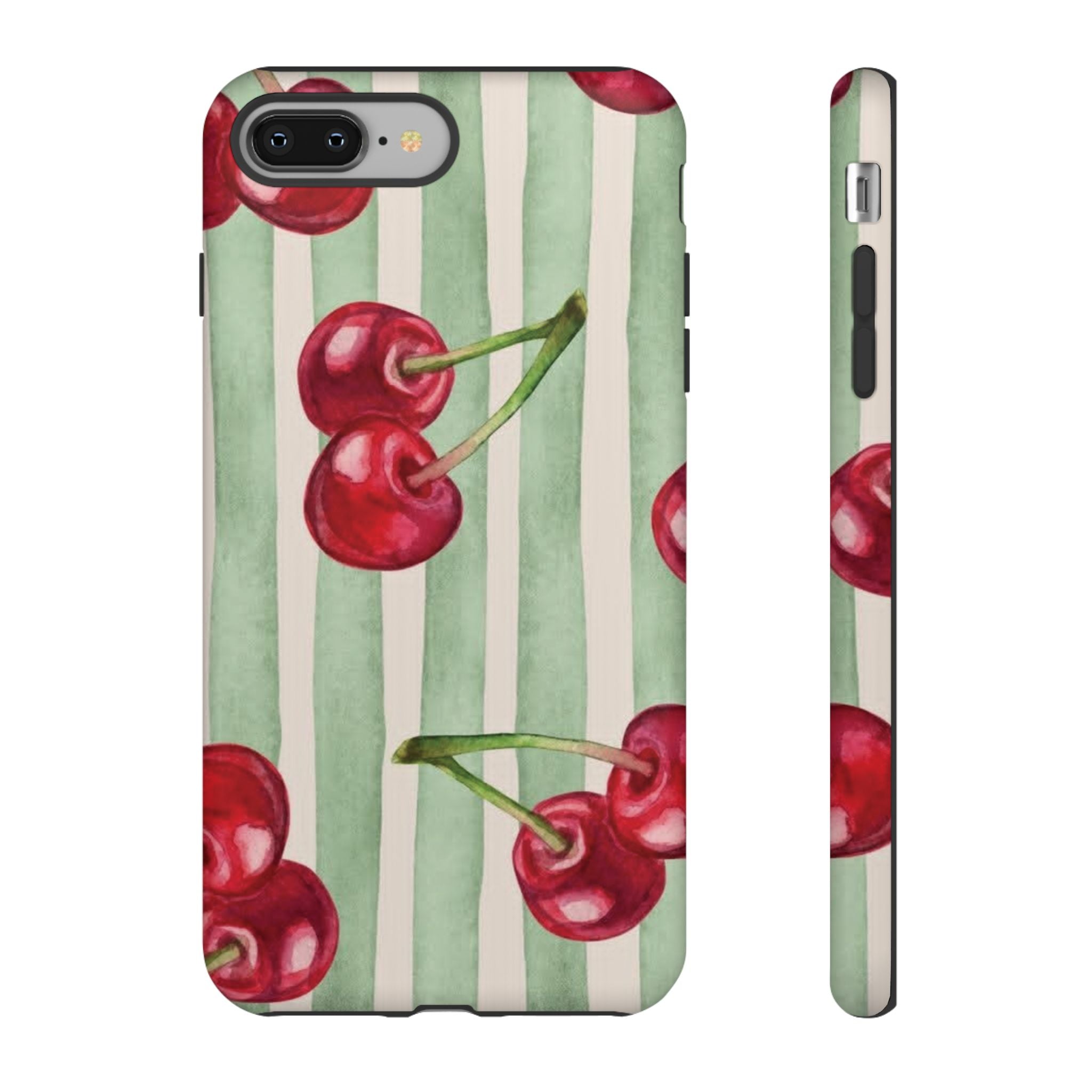 Cherry Stripe Phone Case – Retro Watercolor Cherries on Mint Stripes