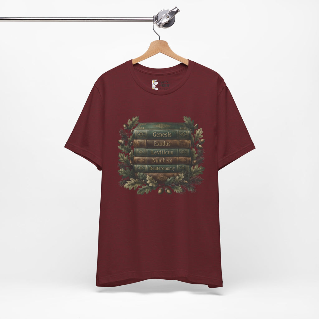 Bible Verse Stack T-Shirt — Genesis Exodus Leviticus Numbers Deuteronomy Floral Graphic