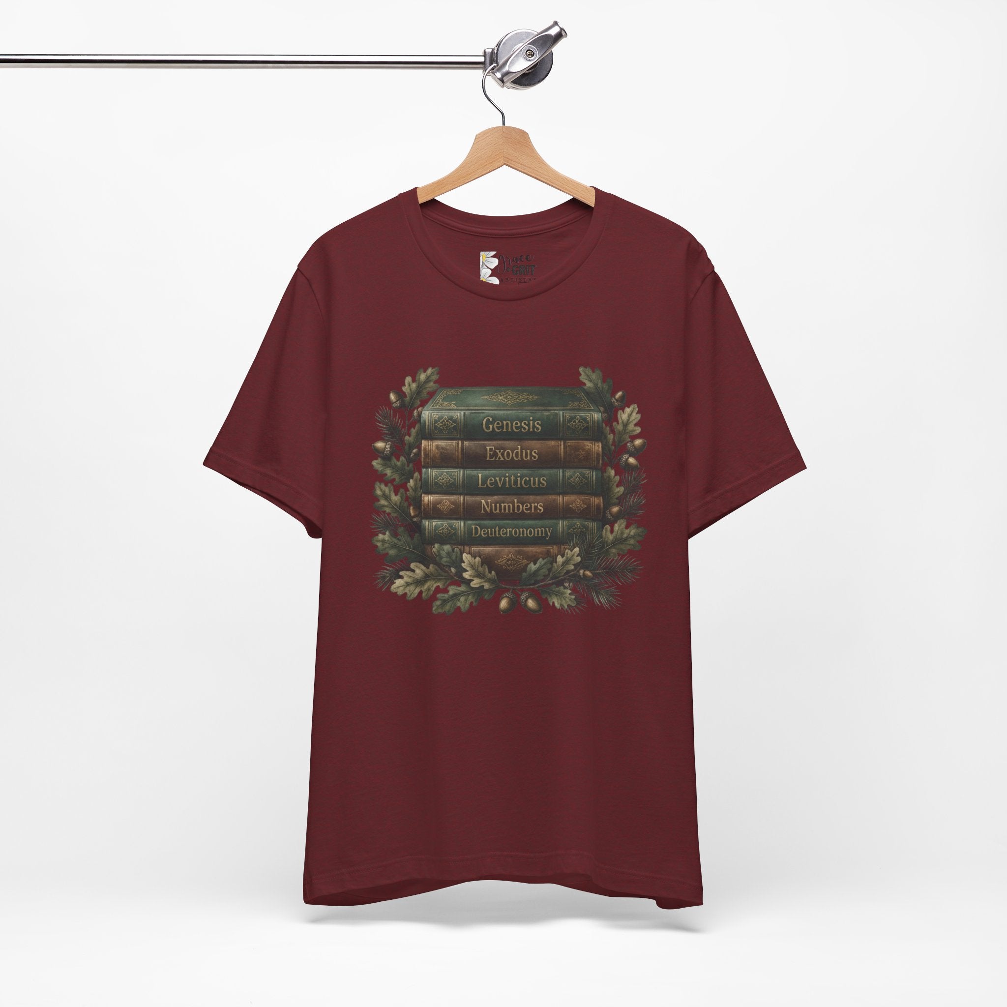 Bible Verse Stack T-Shirt — Genesis Exodus Leviticus Numbers Deuteronomy Floral Graphic
