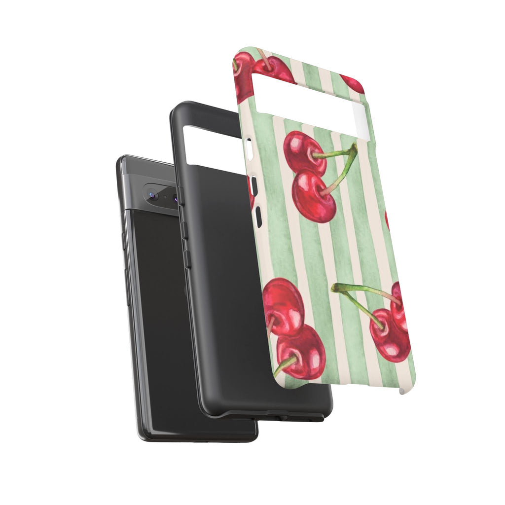 Cherry Stripe Phone Case – Retro Watercolor Cherries on Mint Stripes