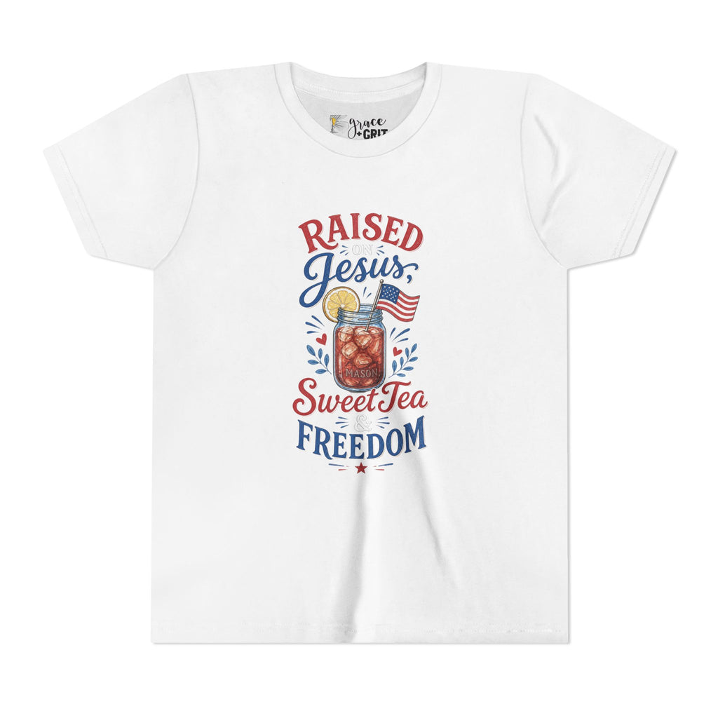 Youth Tee — "Raised Jesus, Sweet Tea, Freedom" Patriotic Christian Graphic