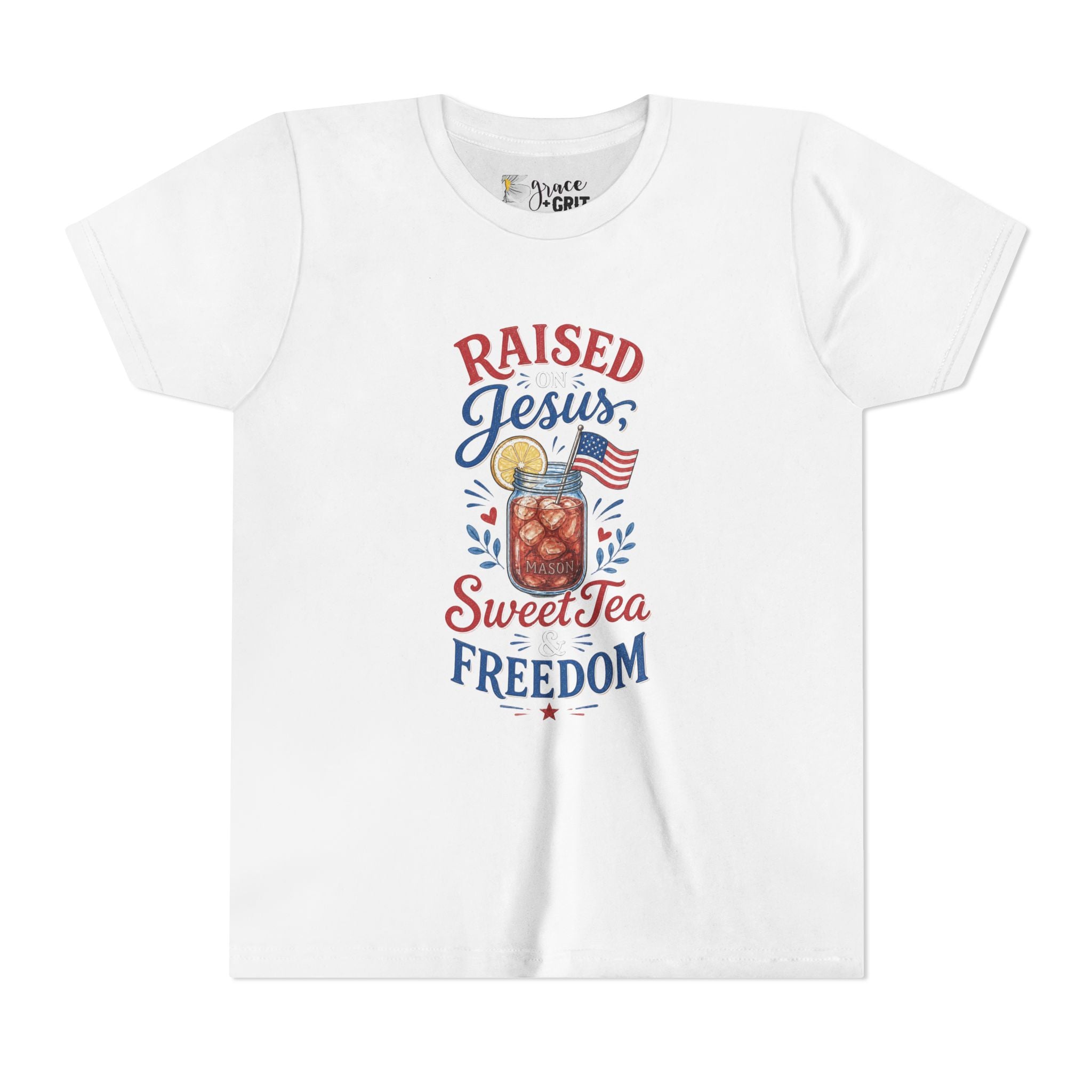 Youth Tee — "Raised Jesus, Sweet Tea, Freedom" Patriotic Christian Graphic
