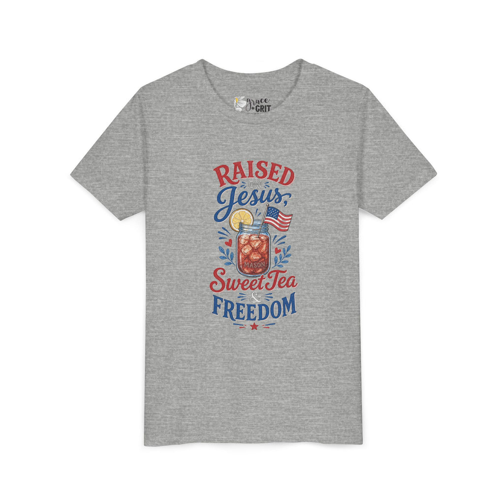 Youth Tee — "Raised Jesus, Sweet Tea, Freedom" Patriotic Christian Graphic