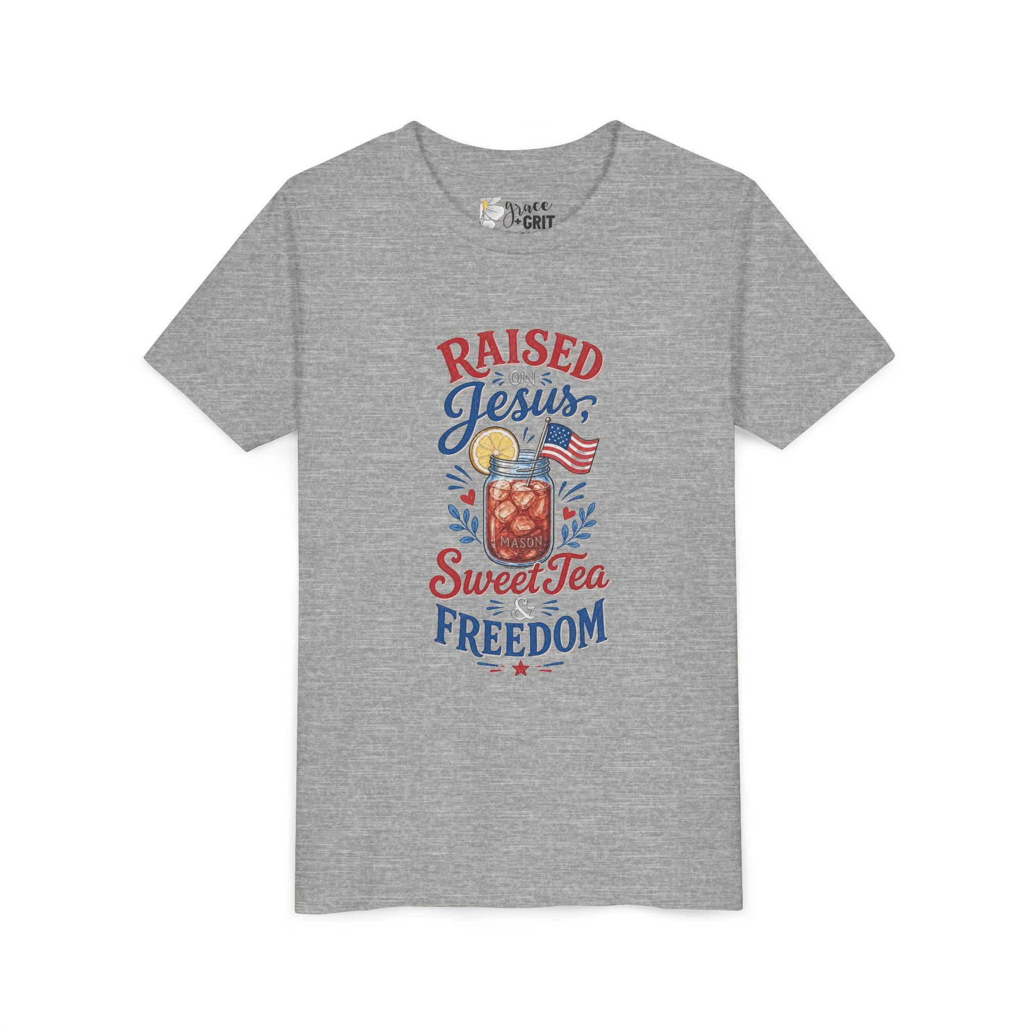 Youth Tee — "Raised Jesus, Sweet Tea, Freedom" Patriotic Christian Graphic