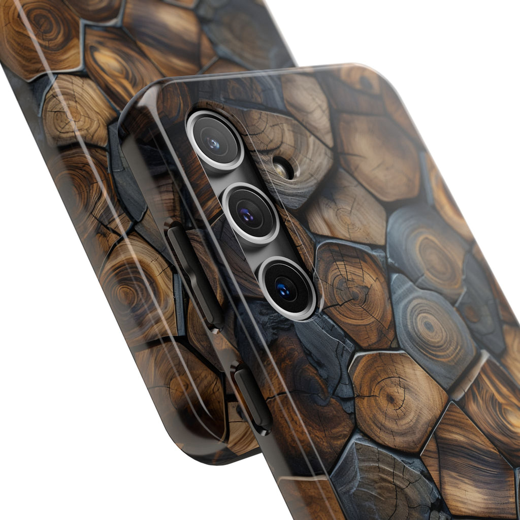 Woodgrain Hex Pattern Tough Phone Case — Rustic Log Cross-Section Design