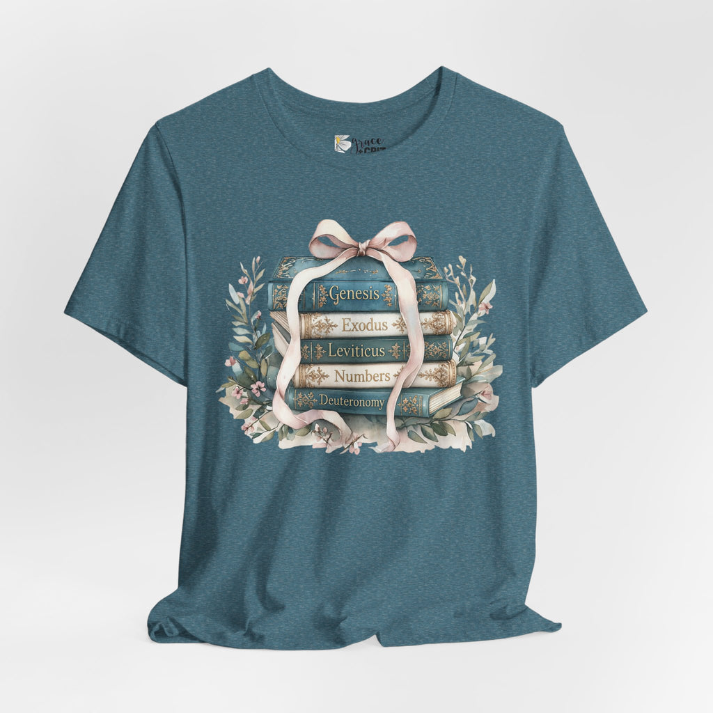 Biblical Books Stack T‑Shirt — Genesis Exodus Leviticus Numbers Design