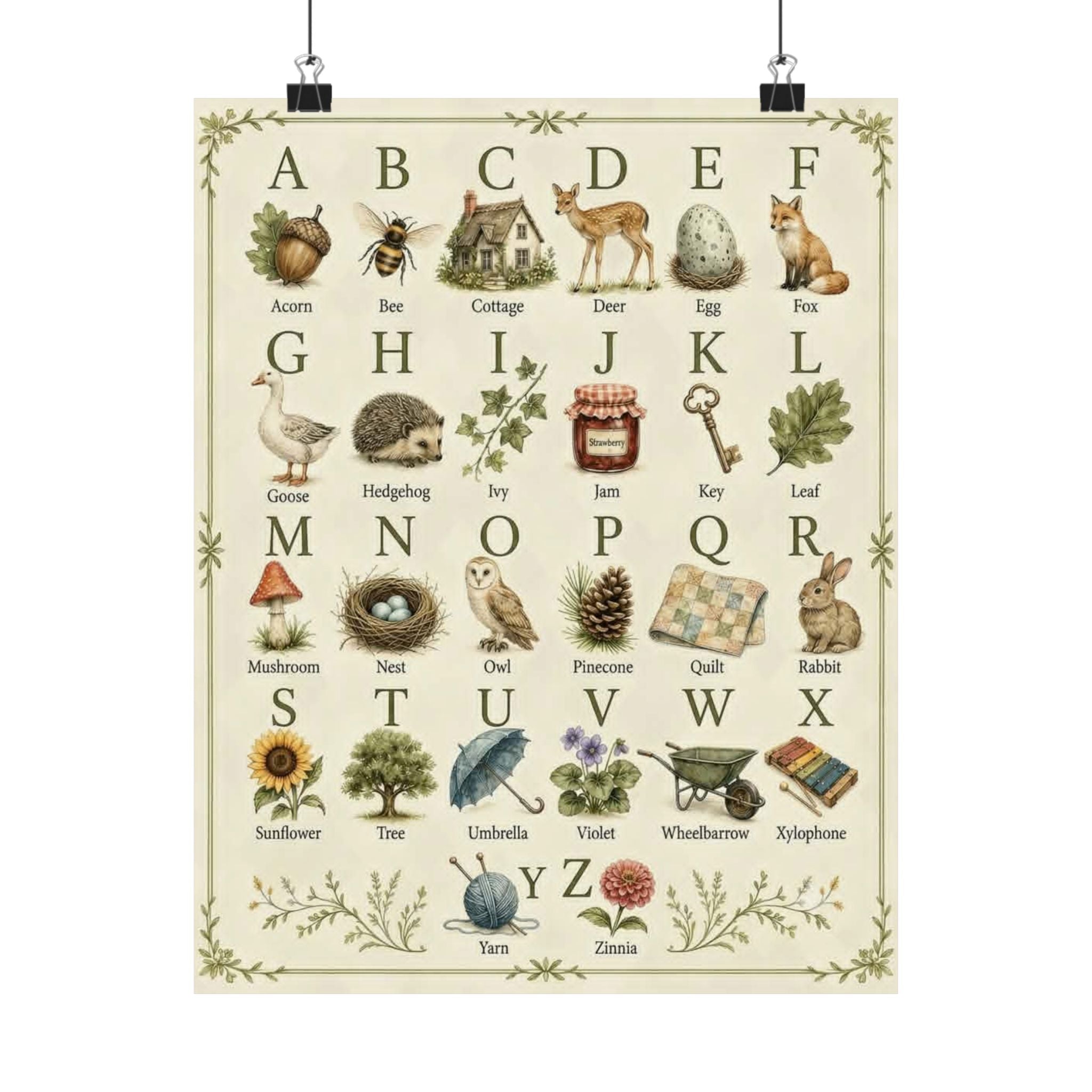 Vintage Alphabet Poster — Botanical & Woodland Animal ABC Matte Print