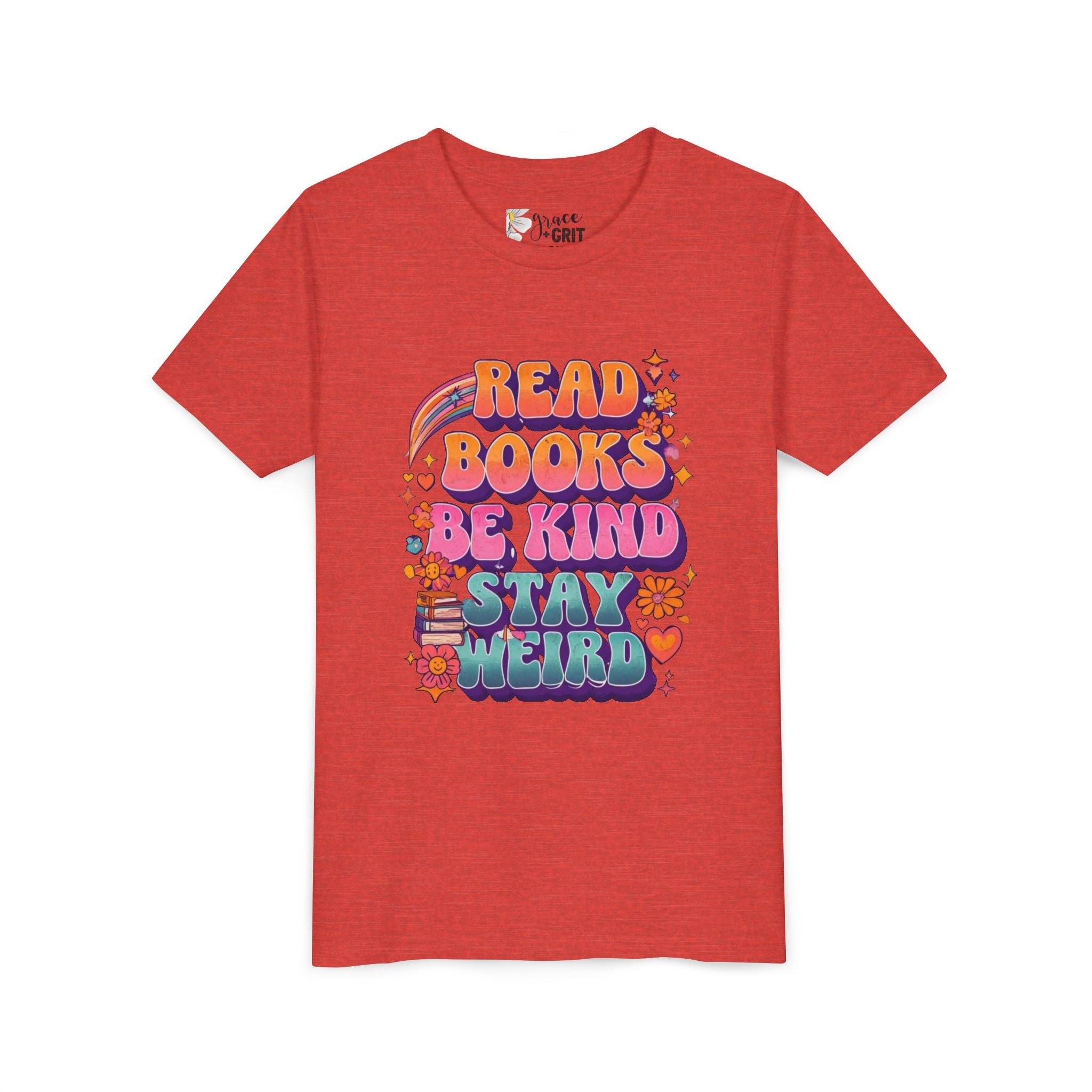 Youth Tee — "Read Books Be Kind Stay Weird" Retro Kids Graphic Shirt