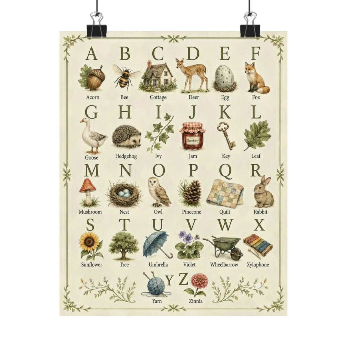 Vintage Alphabet Poster — Botanical & Woodland Animal ABC Matte Print