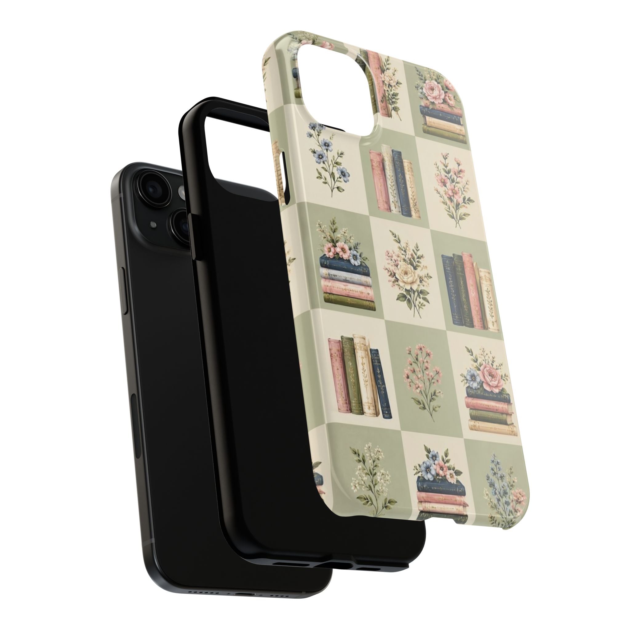 Floral Bookshelf Tough Phone Case — Vintage Floral & Stacked Books Pattern