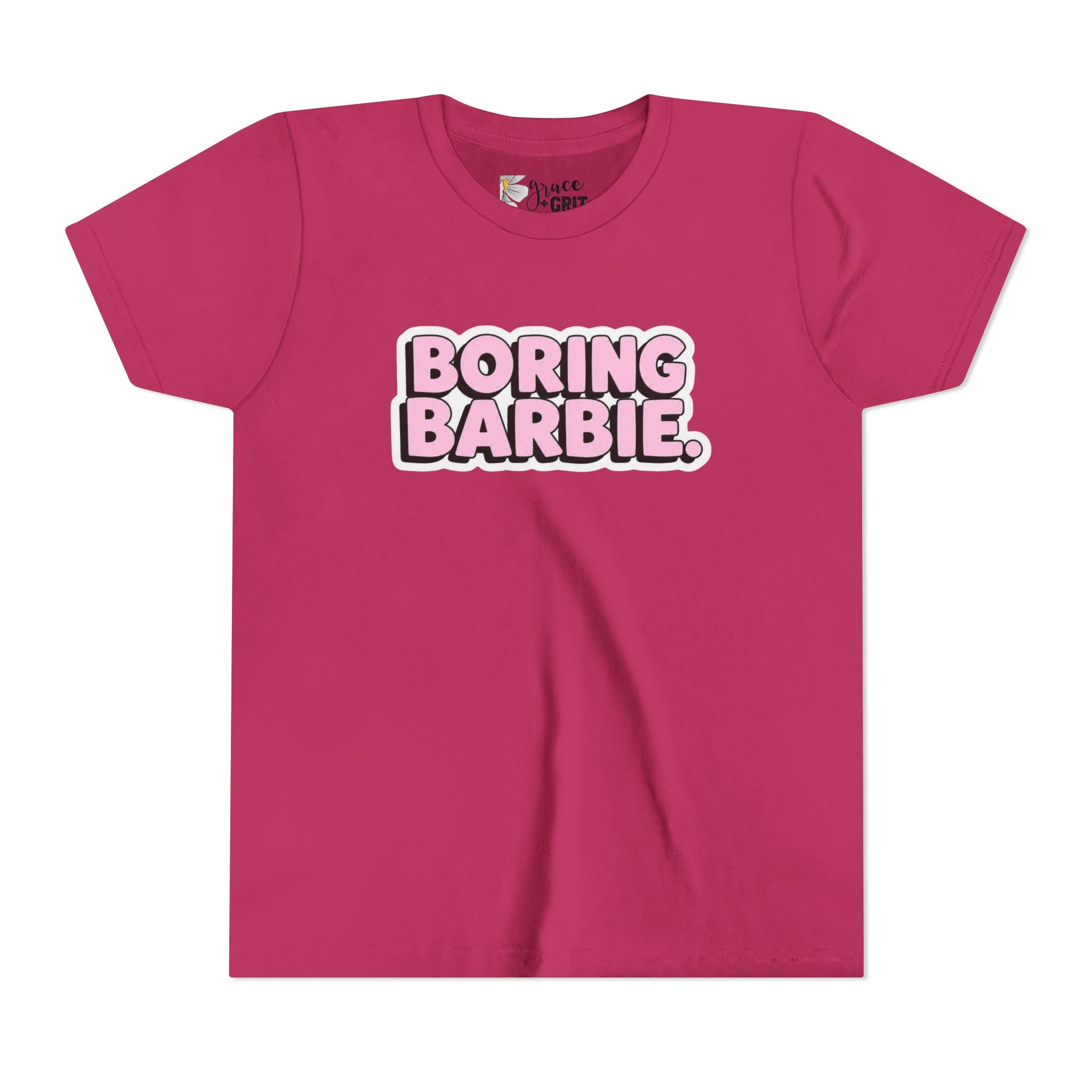 Youth Tee — "Boring Barbie" Pink Bubble Letter Graphic