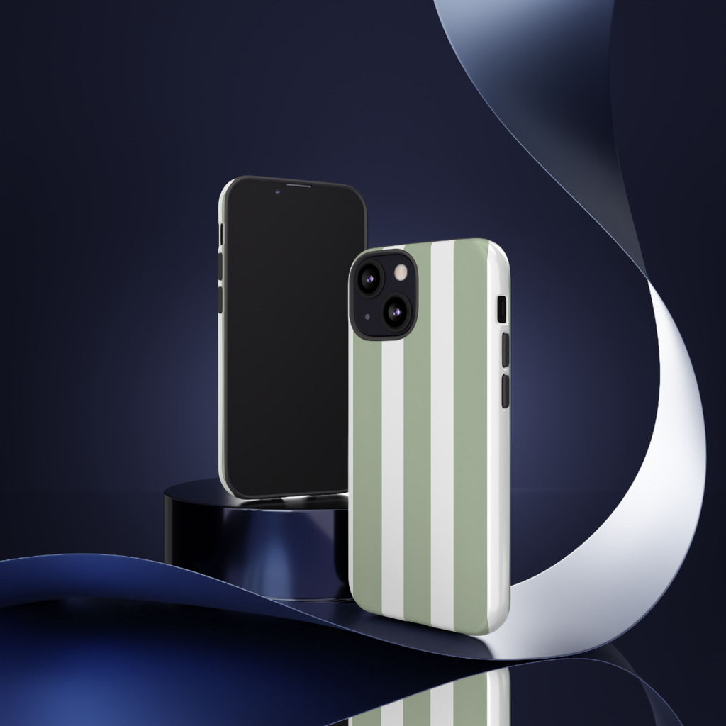 Striped Sage Tough Phone Case — Durable Green & White Vertical Stripe Phone Cover