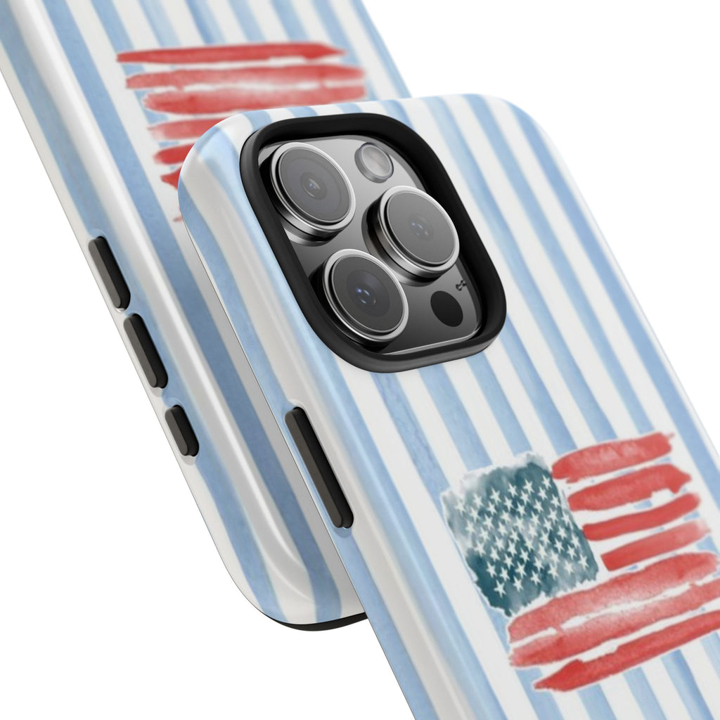 American Flag Watercolor Tough Phone Case — Blue Striped Patriotic Phone Case