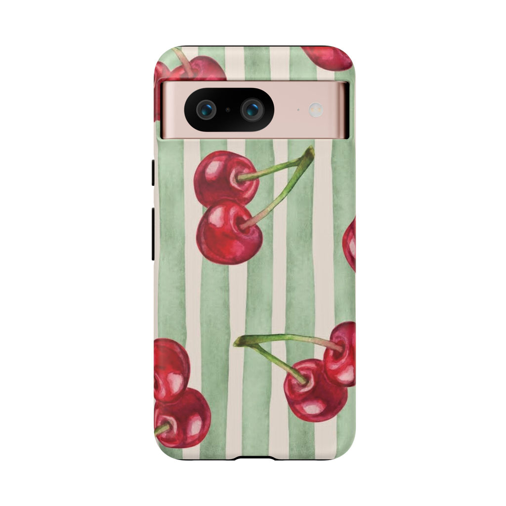 Cherry Stripe Phone Case – Retro Watercolor Cherries on Mint Stripes