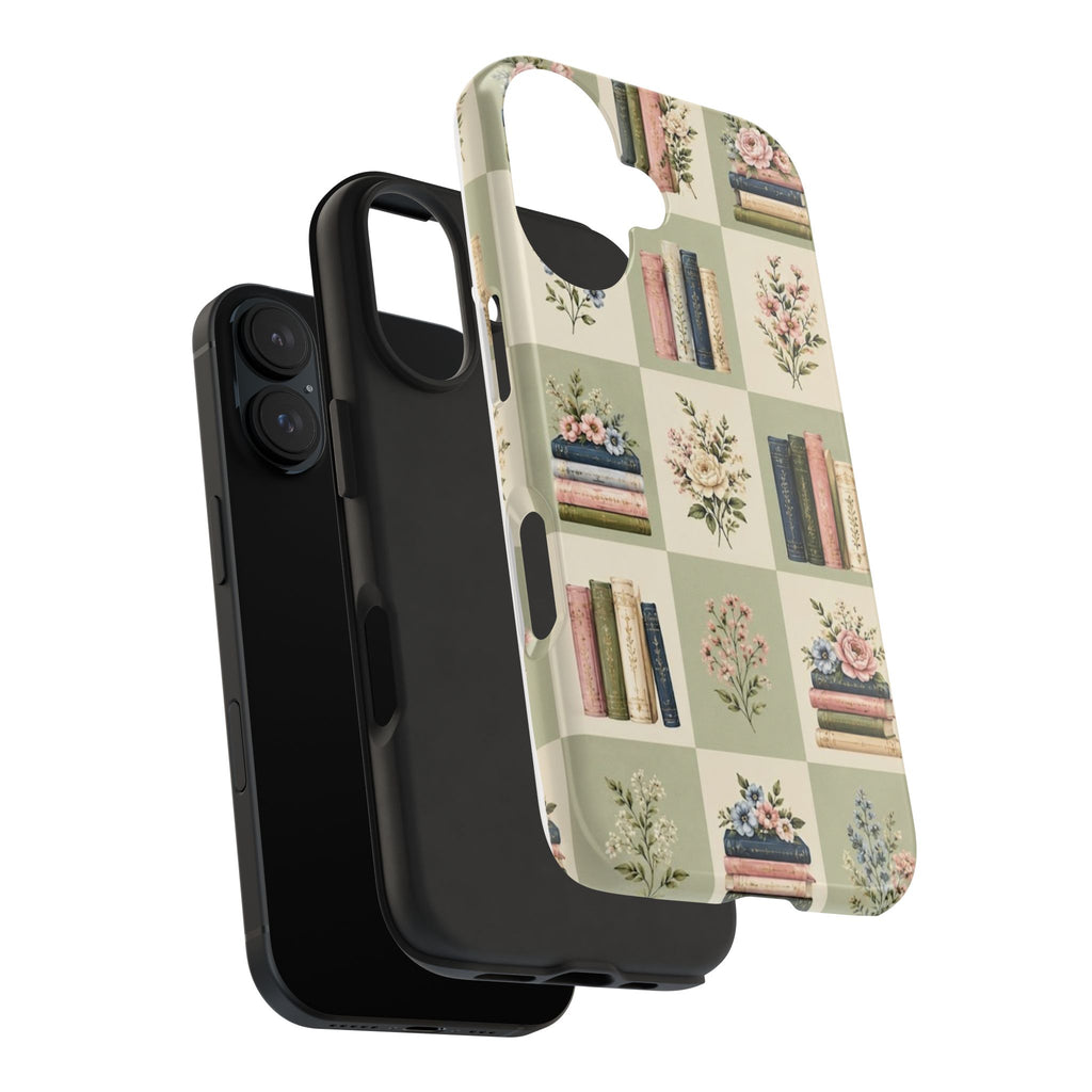 Floral Bookshelf Tough Phone Case — Vintage Floral & Stacked Books Pattern