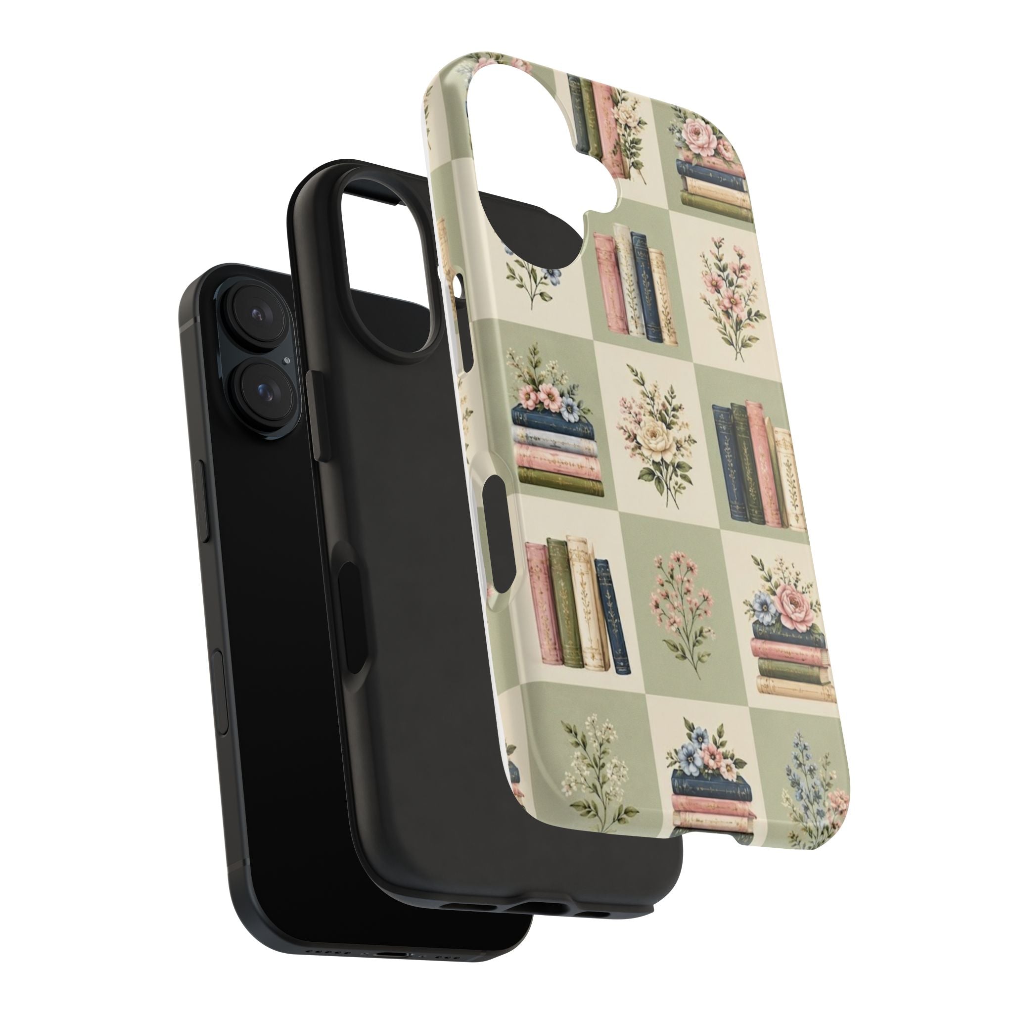 Floral Bookshelf Tough Phone Case — Vintage Floral & Stacked Books Pattern