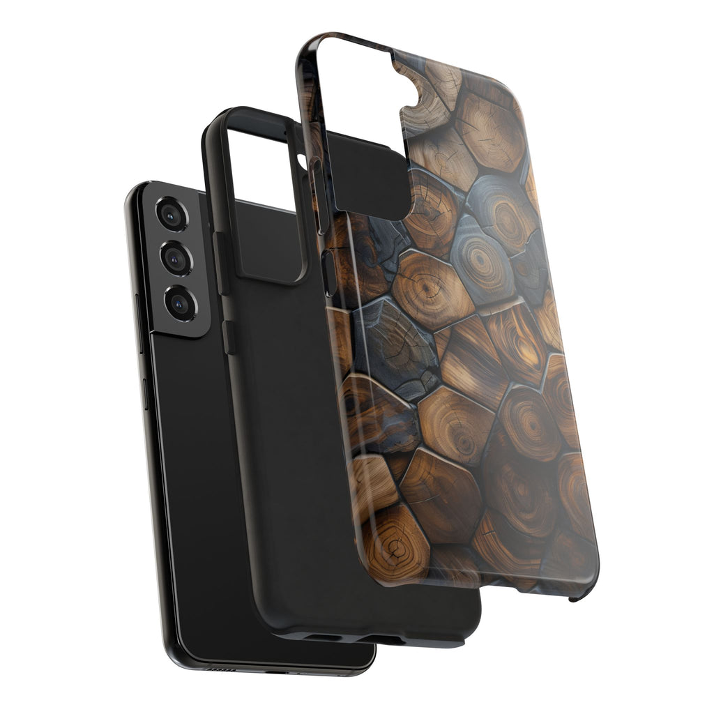 Woodgrain Hex Pattern Tough Phone Case — Rustic Log Cross-Section Design