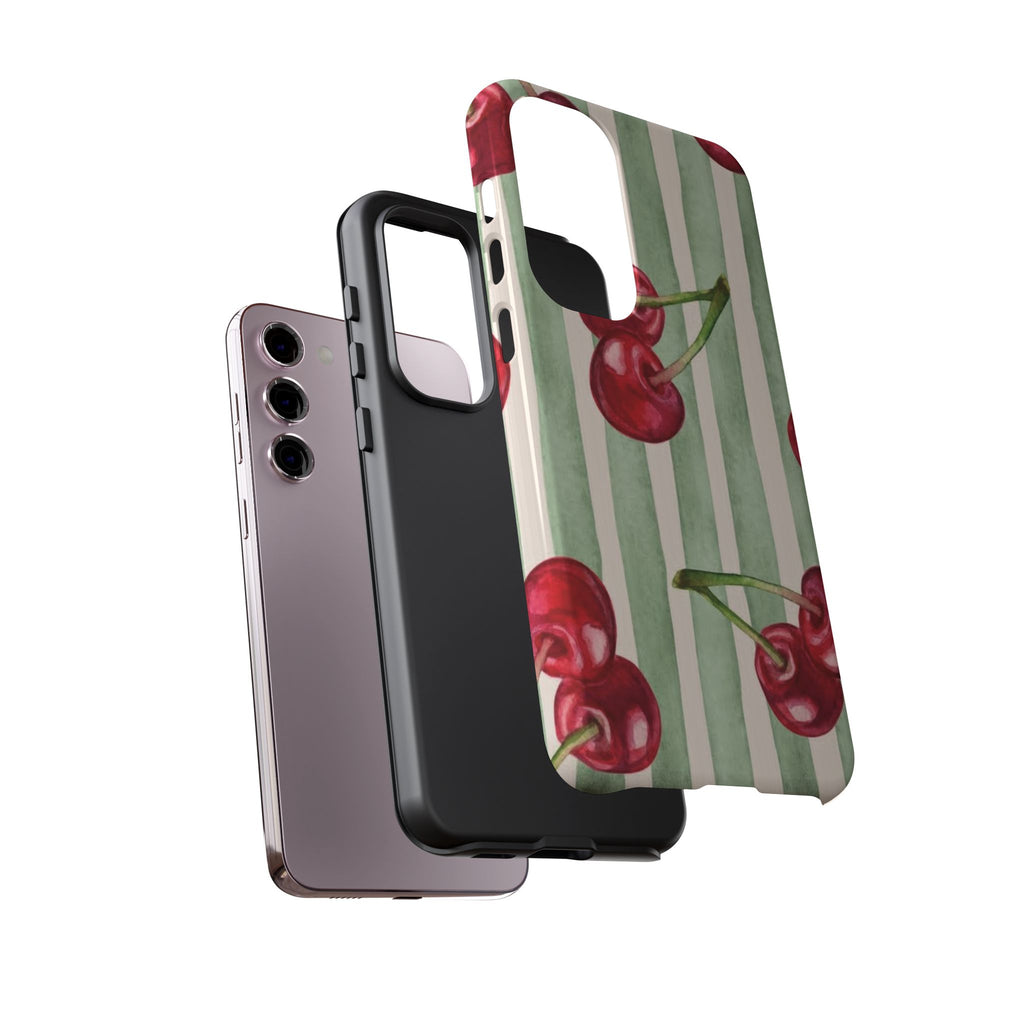 Cherry Stripe Phone Case – Retro Watercolor Cherries on Mint Stripes