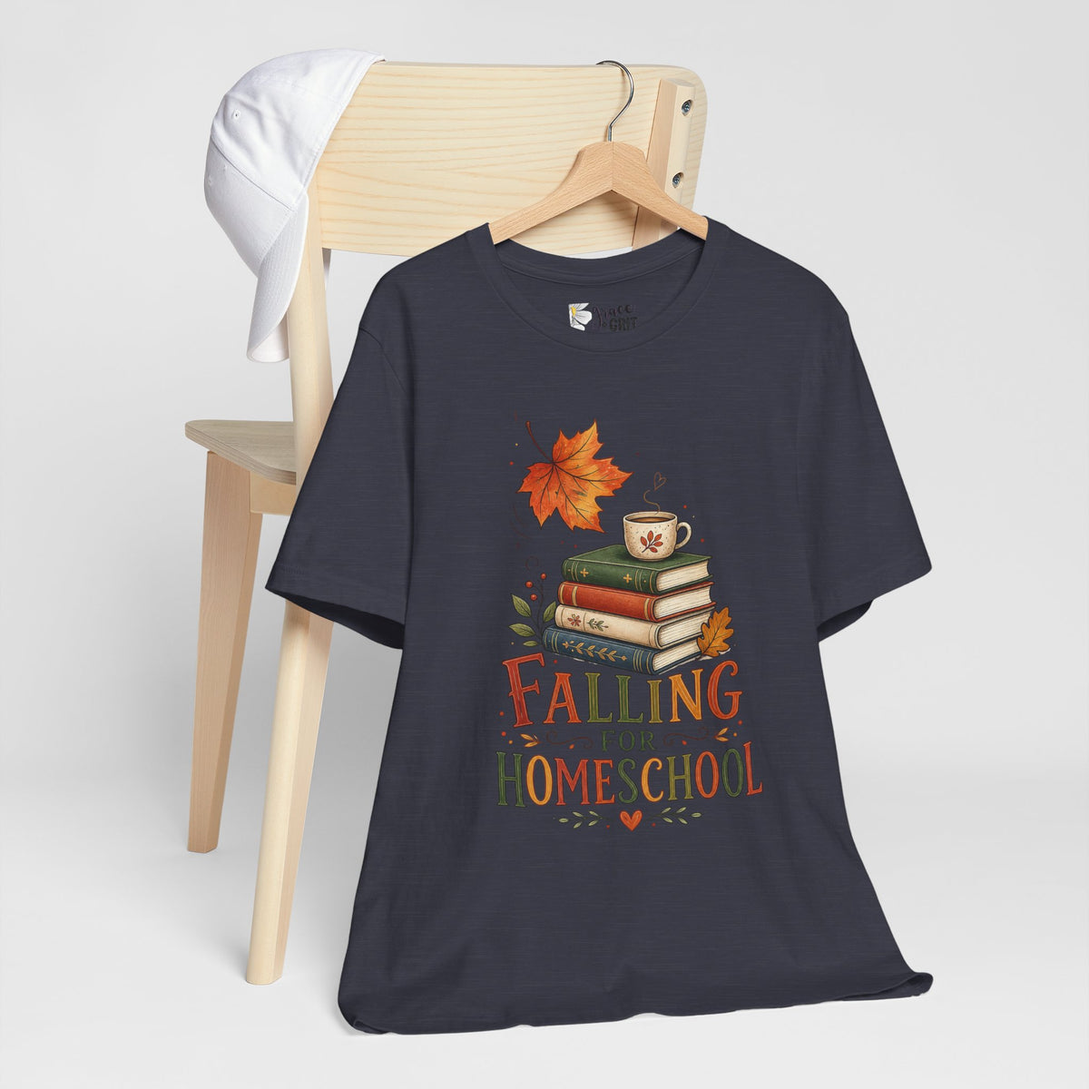 Fall Homeschool T‑Shirt – “Falling into Homeschool” Autumn Books & Coffee Tee