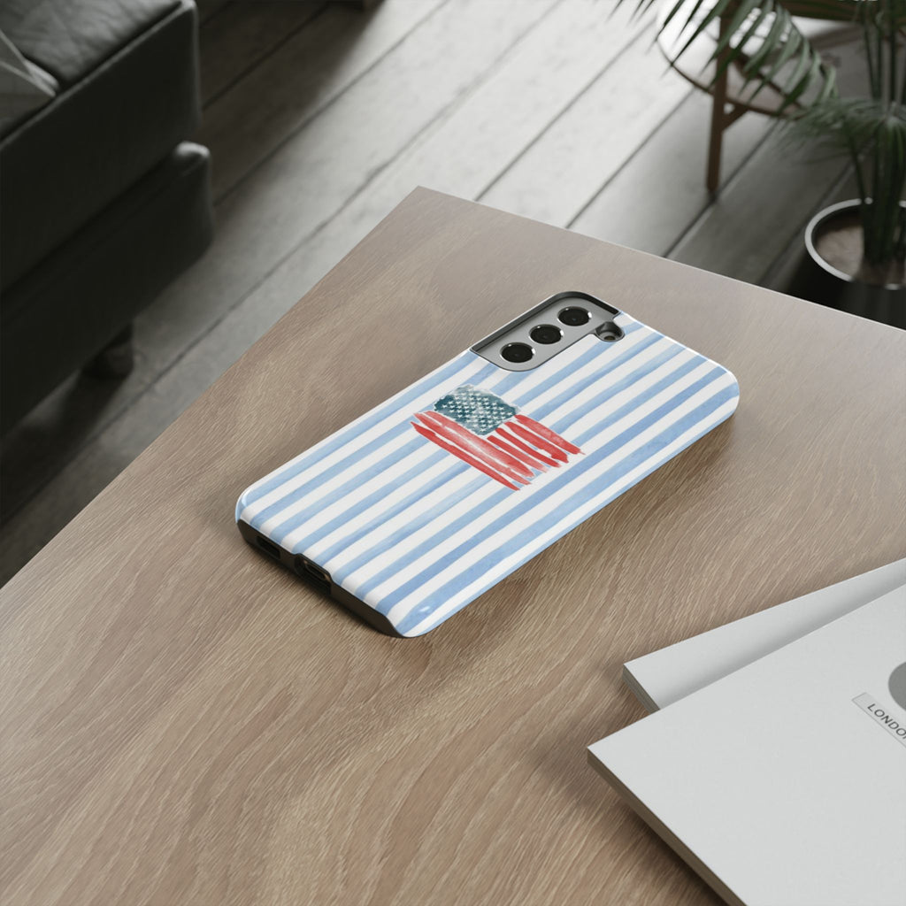 American Flag Watercolor Phone Case - Blue Stripe Tough Case