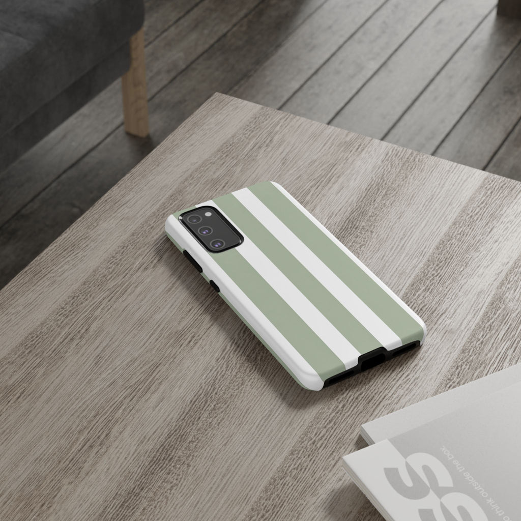Striped Sage Tough Phone Case — Durable Green & White Vertical Stripe Phone Cover