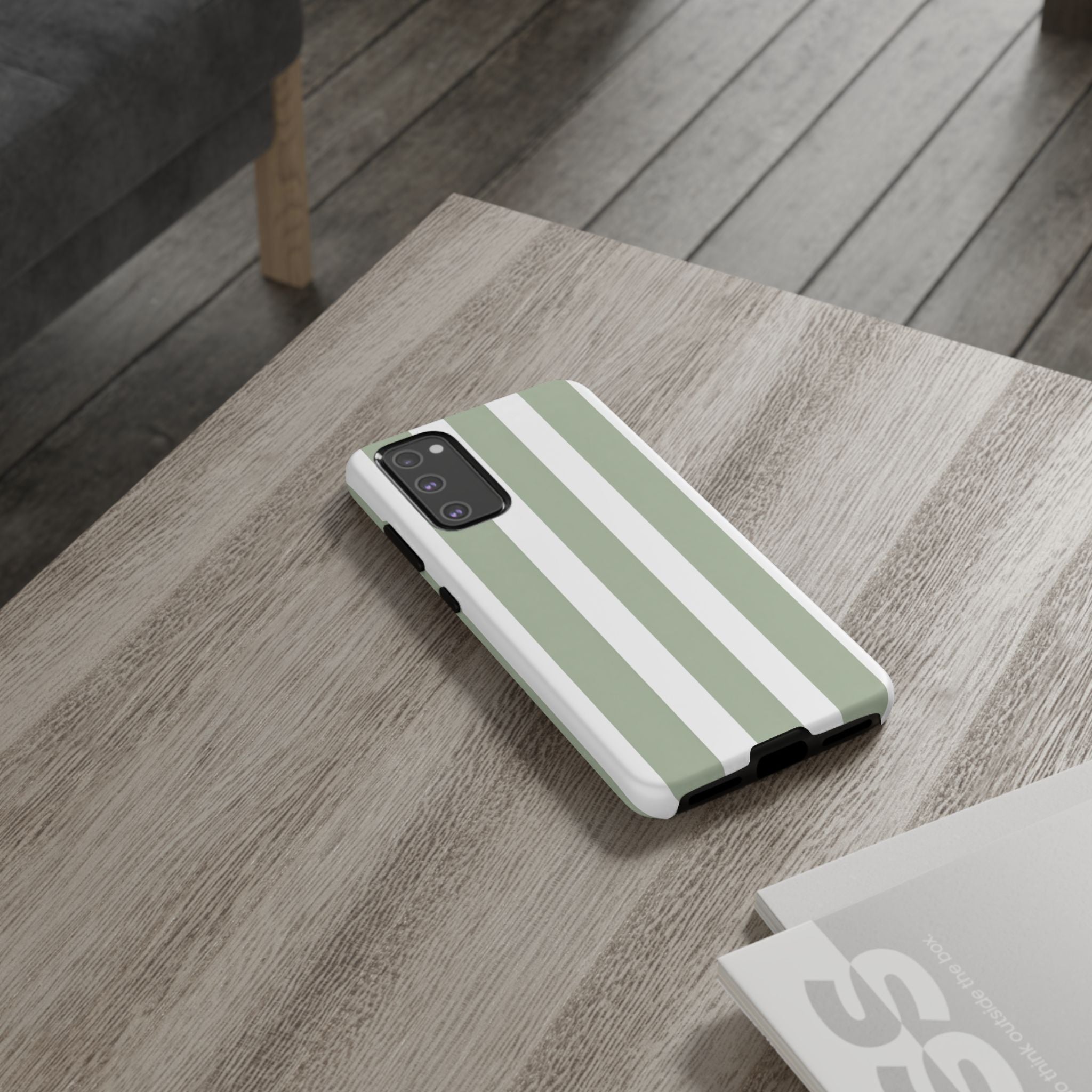 Striped Sage Tough Phone Case — Durable Green & White Vertical Stripe Phone Cover