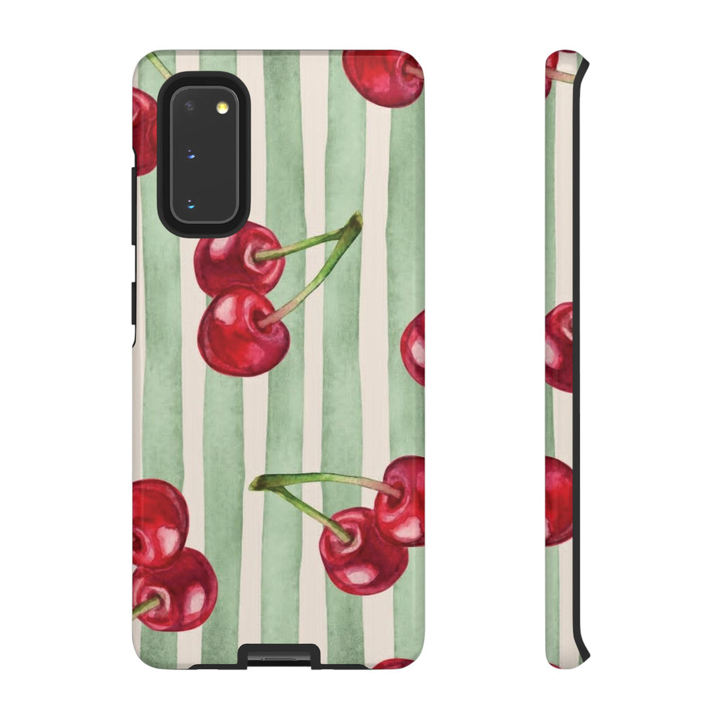Cherry Stripe Phone Case – Retro Watercolor Cherries on Mint Stripes
