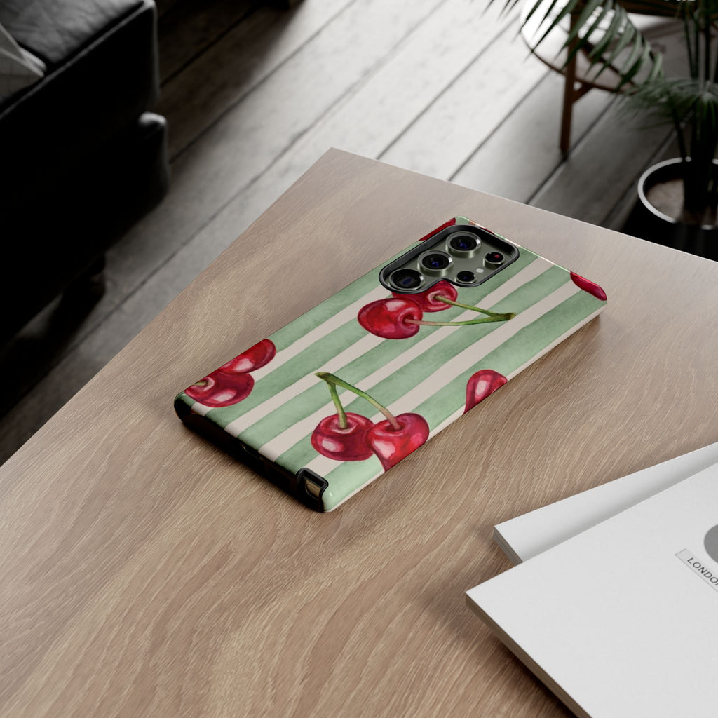 Cherry Stripe Phone Case – Retro Watercolor Cherries on Mint Stripes
