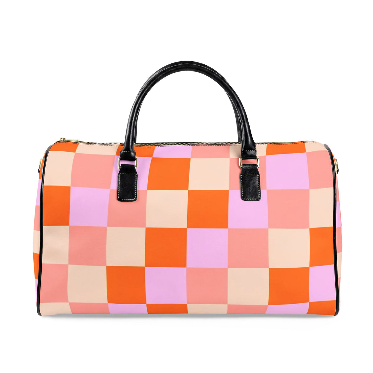 Pink Orange Checkerboard Faux Leather Travel Bag