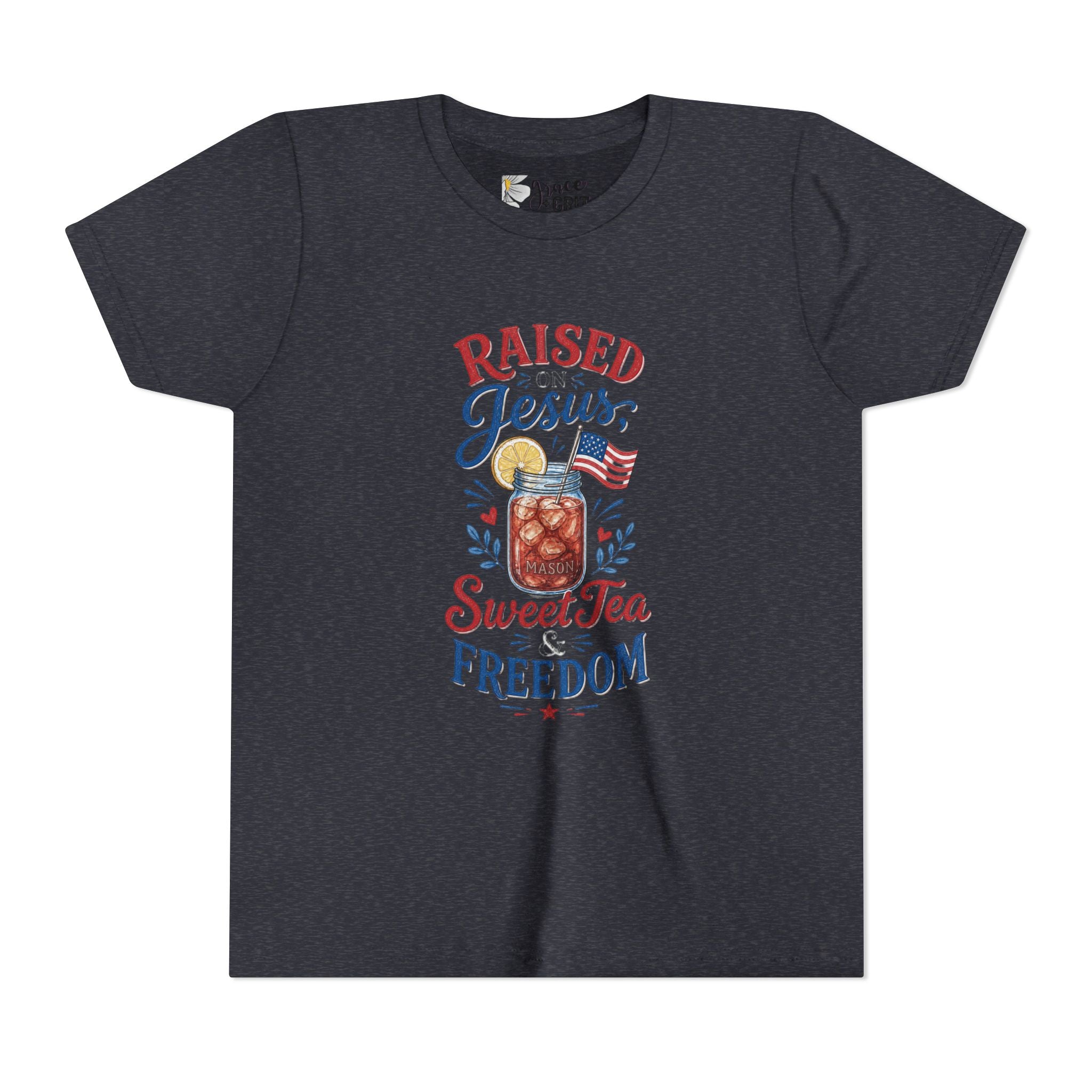 Youth Tee — "Raised Jesus, Sweet Tea, Freedom" Patriotic Christian Graphic