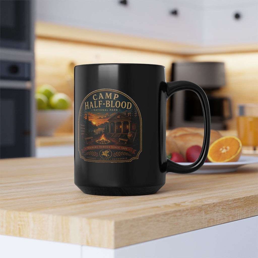 Camp Half-Blood Black Mug — Mythical Cabin & Campfire Coffee Cup (11oz/15oz)