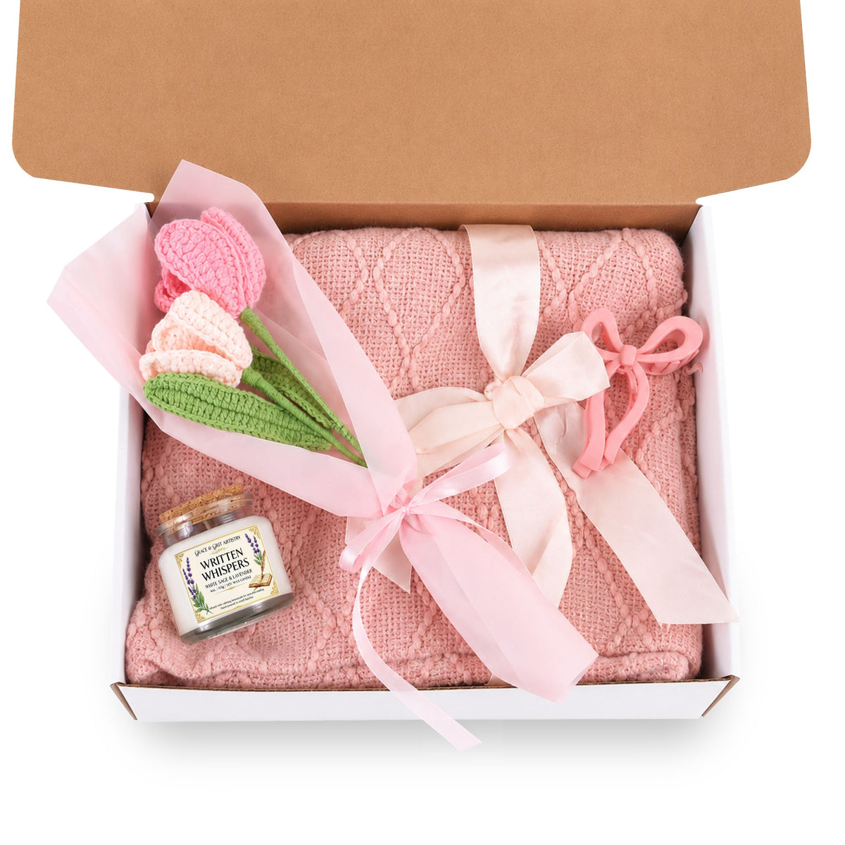 Reader Gift Set – Lavender & White Sage candle, blush blanket, crochet flowers, pink bow hair clip