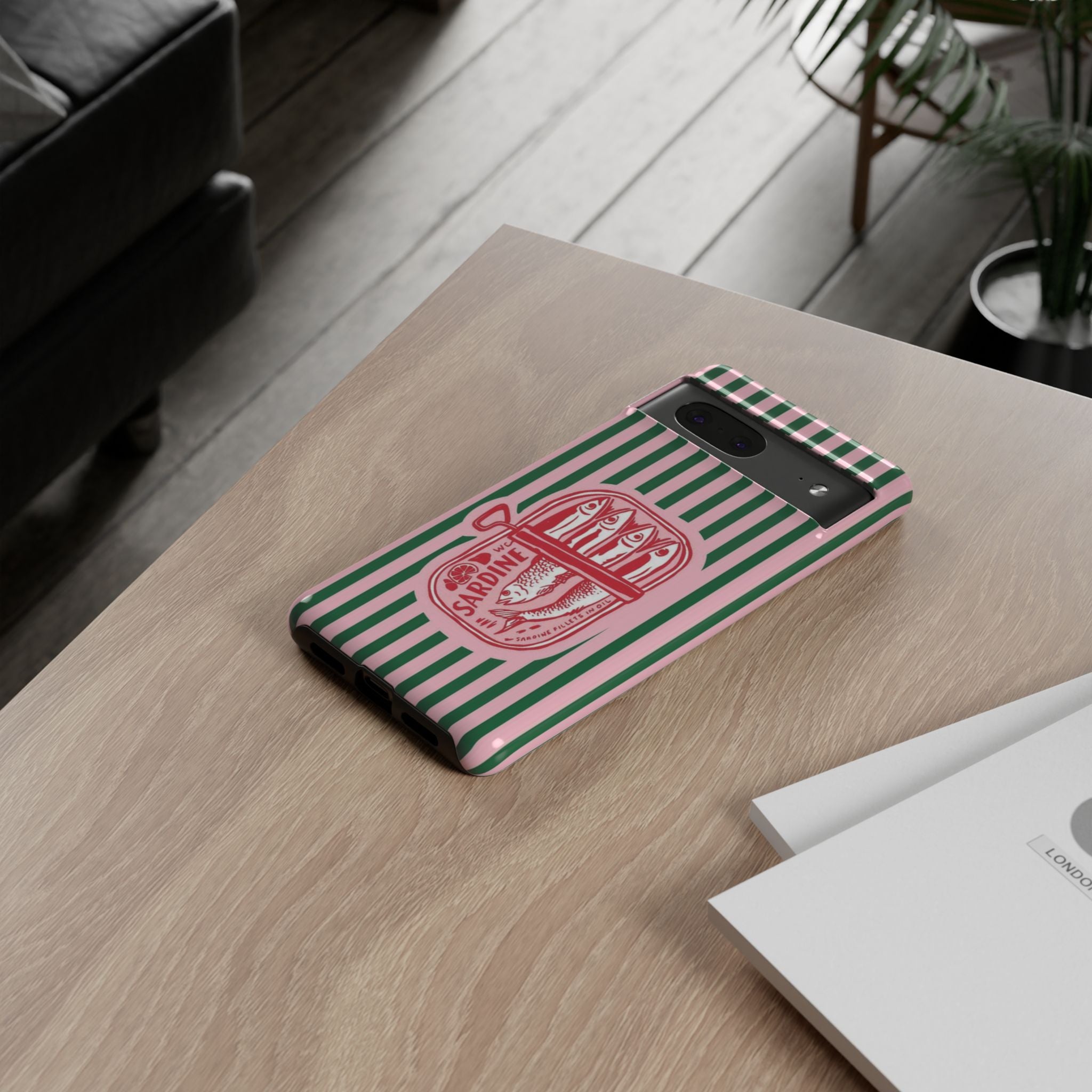 Sardine Stripe Phone Case — Retro Pink & Green Nautical Protection